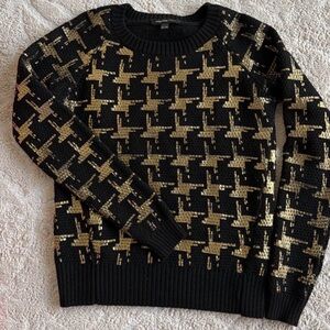 Waggon Paris Black & Gold Houndstooth Knit Sweater, wool, size XS